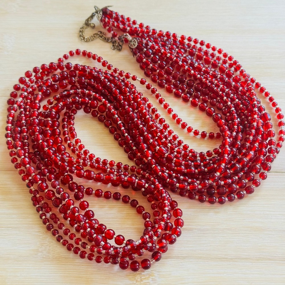 VTG Iconic Red Beaded Necklace Multi Poured Art Glass Beads Gripoix? French Long